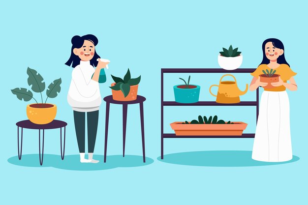 Gente de dibujos animados cuidando plantas