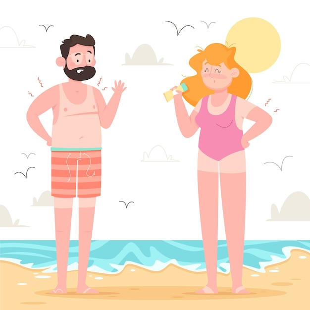 Gente de dibujos animados en la playa con una quemadura de sol