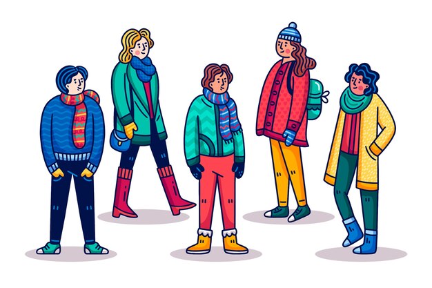 Gente de dibujos animados con ropa de invierno