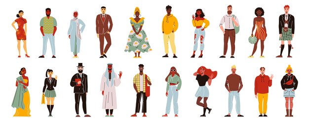 Gente de diferentes nacionalidades con personajes humanos aislados de varias razas, color de piel y ropa religiosa, ilustración vectorial