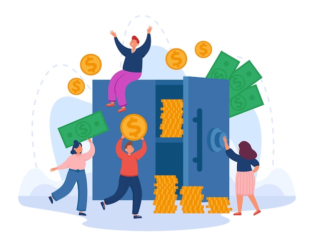 Gente diminuta alrededor del banco seguro con ilustración de vector plano de dinero. Felices personajes de dibujos animados masculinos y femeninos con dólares, monedas de oro en las manos, insertando contraseña y abriendo caja fuerte. Concepto de negocio