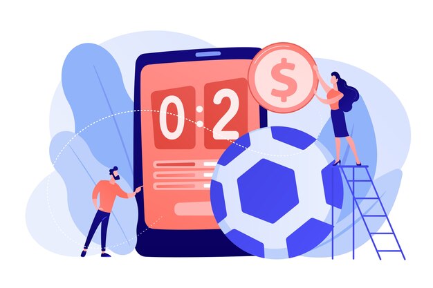 Gente diminuta, empresario apostando por el fútbol y corredor de apuestas en un gran smartphone con puntuación. Apuestas deportivas, mercado de casas de apuestas, concepto de apuestas deportivas. Ilustración aislada de bluevector coral rosado