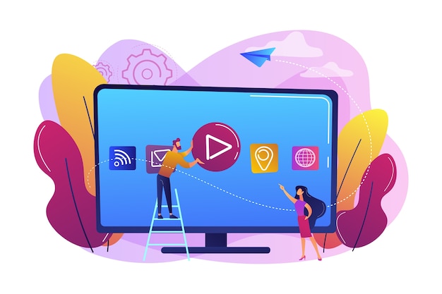 Gente diminuta en una enorme televisión inteligente con iconos de aplicaciones en pantalla. Tecnología de Smart TV, televisión por Internet, concepto de transmisión de televisión en línea. Ilustración aislada violeta vibrante brillante