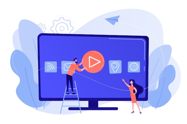 Gente diminuta en una enorme televisión inteligente con iconos de aplicaciones en pantalla. Tecnología de Smart TV, televisión por Internet, concepto de transmisión de televisión en línea