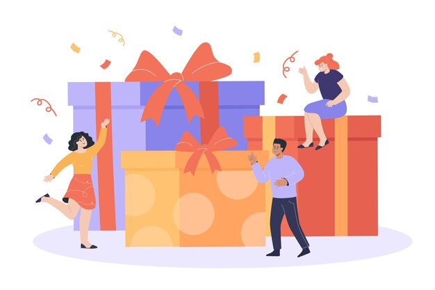Gente diminuta con enormes cajas de regalo ilustración vectorial plana. Personas que celebran cumpleaños, envían o reciben regalos por lealtad o ideas brillantes. Recompensa, bonificación, concepto de fiesta.