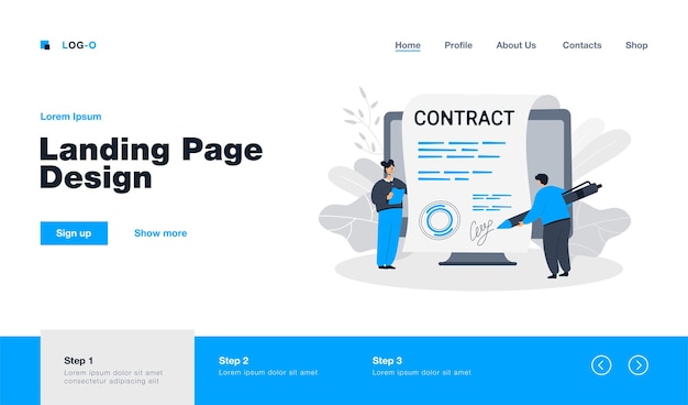 Vector gratuito gente diminuta firmando contrato gigante con firma electrónica. página de destino en estilo plano.