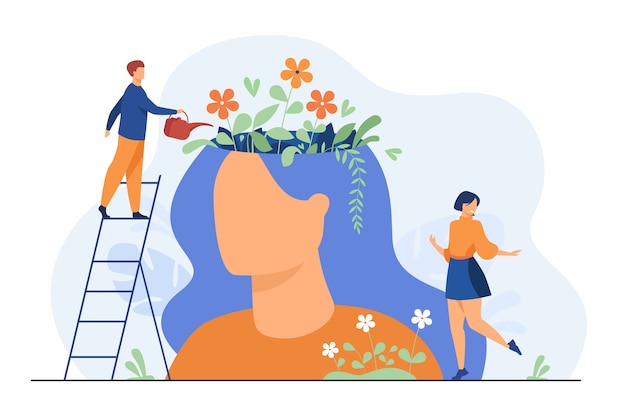 Gente diminuta y hermoso jardín de flores dentro de la cabeza femenina aislada ilustración plana.