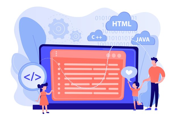 Gente diminuta, niños felices aprendiendo a programar en una computadora portátil enorme