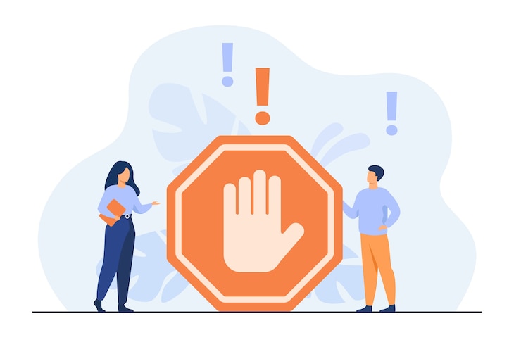 Vector gratuito gente diminuta de pie cerca de gesto prohibido aislado ilustración plana.