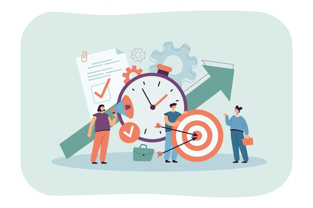 Gente diminuta con reloj, lista de verificación y objetivo.