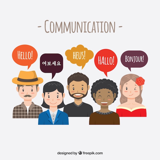 Vector gratuito gente de diseño plano con bocadillos de conversación en distintos idiomas