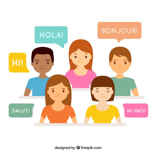 Gente de diseño plano con palabras en diferentes idiomas