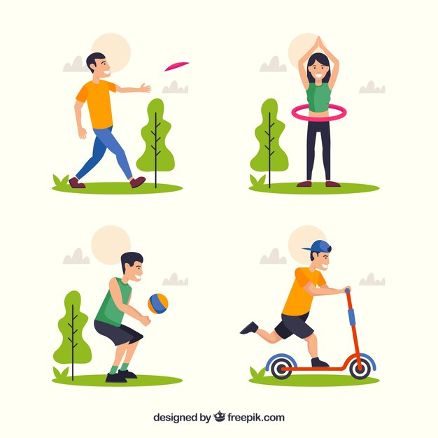 Gente de diseño plano realizando actividades de ocio al aire libre