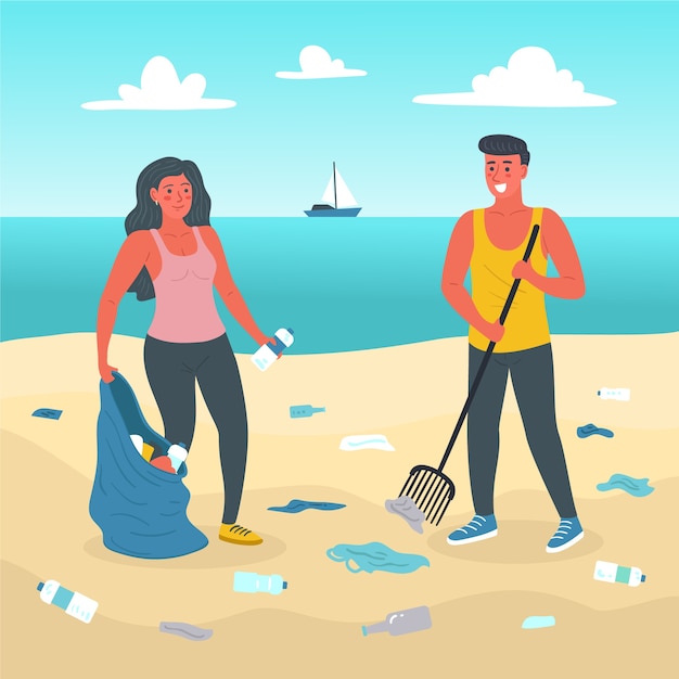 Vector gratuito gente disfrutando limpiando la playa