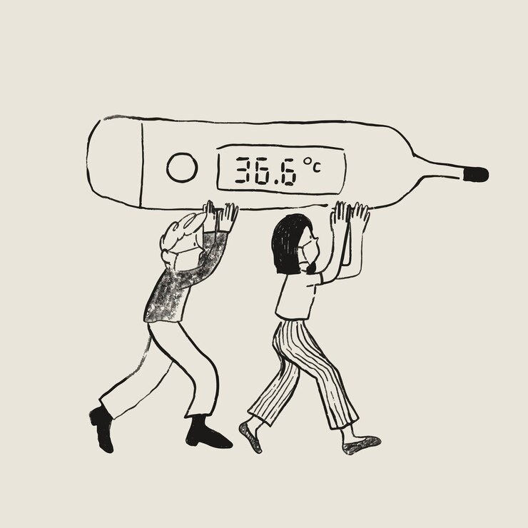 Vector gratuito la gente de elemento de temperatura corporal normal lleva termómetro doodle de salud
