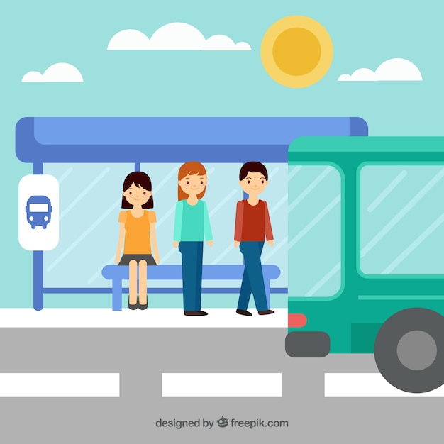 Vector gratuito gente esperando al autobús con diseño plano