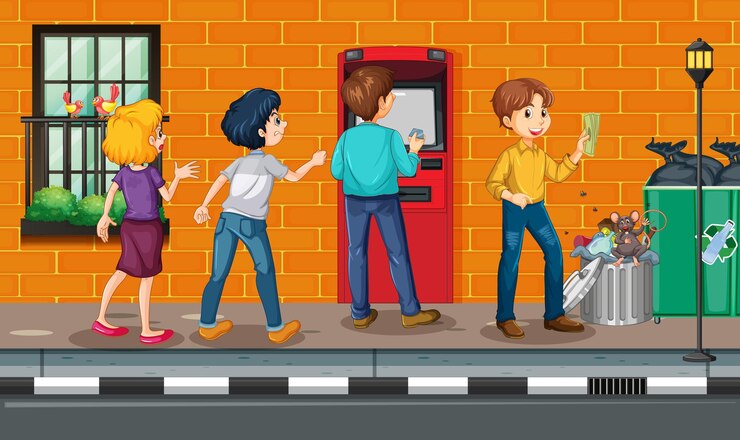 Vector gratuito gente esperando en fila cerca de cajero automático