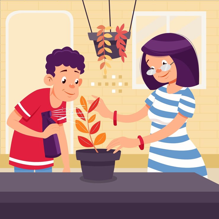 Vector gratuito gente de estilo de dibujos animados cuidando plantas.