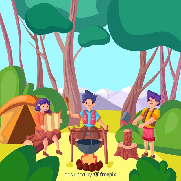 Gente feliz acampando en la naturaleza
