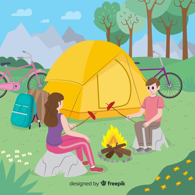 Gente feliz acampando en la naturaleza