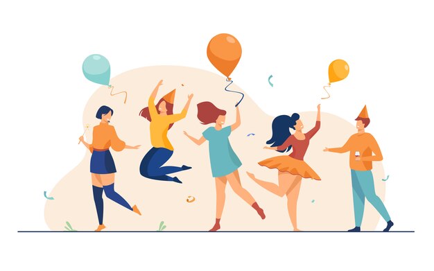 Gente feliz bailando en la ilustración plana de fiesta