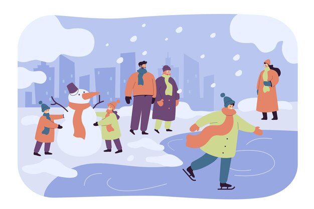Gente feliz caminando y divirtiéndose en el parque de invierno aislado ilustración plana. Niños de dibujos animados haciendo muñeco de nieve, chico patinando