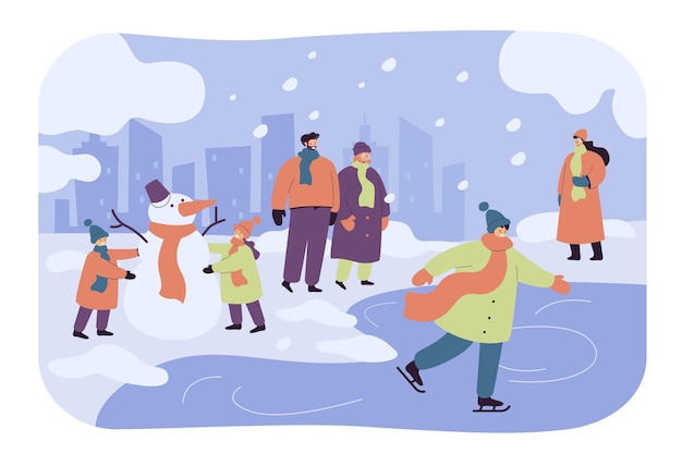 Gente feliz caminando y divirtiéndose en el parque de invierno aislado ilustración plana. Niños de dibujos animados haciendo muñeco de nieve, chico patinando