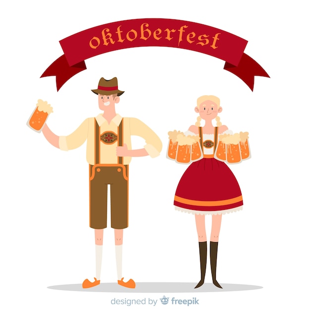 Vector gratuito gente feliz celebrando el oktoberfest con diseño plano