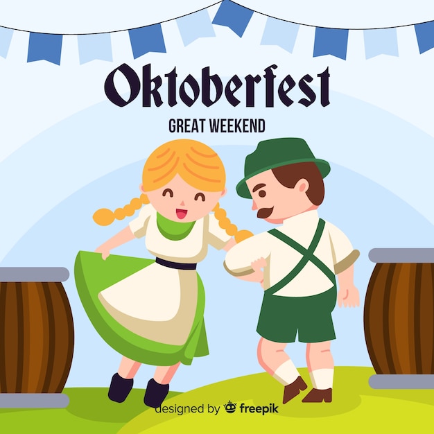 Vector gratuito gente feliz celebrando el oktoberfest con diseño plano