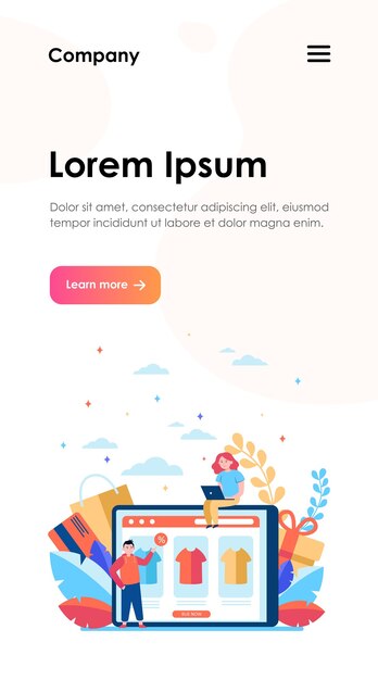 Gente feliz comprando ropa online. Camiseta, porcentaje, plantilla web del cliente