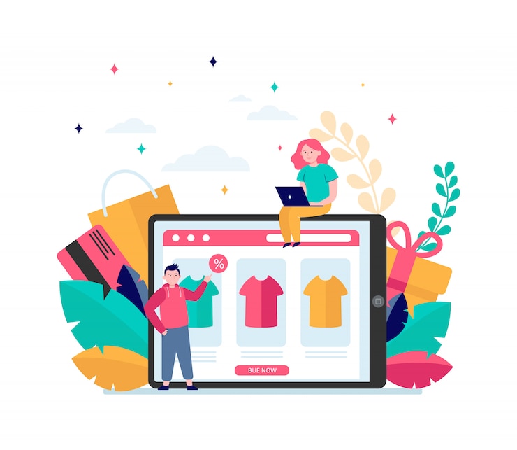 Vector gratuito gente feliz comprando ropa online