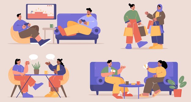 Gente feliz comunicación amigos reunión hobby diversidad tiempo libre Hombres y mujeres jóvenes jugando videojuegos en casa comprando juntos charlando en café jugando juegos de mesa Conjunto de vectores de arte lineal