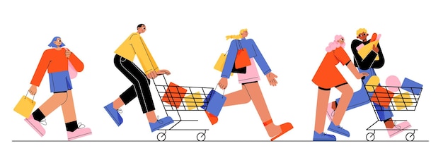 La gente feliz corre a la venta de la tienda