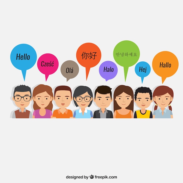 Gente feliz hablando distintos idiomas con diseño plano