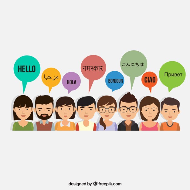 Gente feliz hablando distintos idiomas con diseño plano
