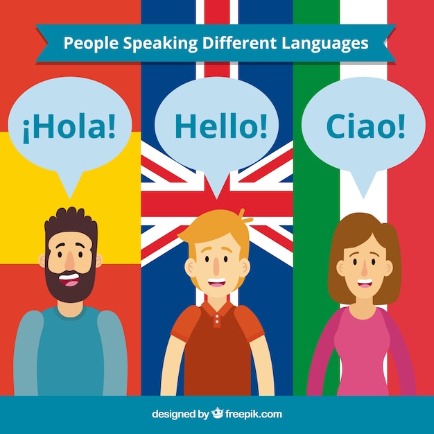 Gente feliz hablando distintos idiomas con diseño plano