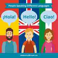 Vector gratuito gente feliz hablando distintos idiomas con diseño plano