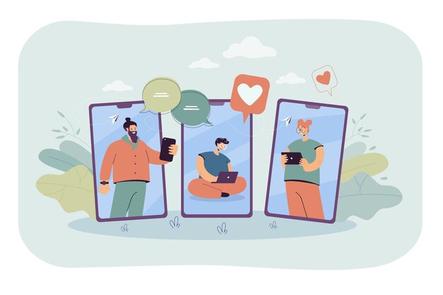 Gente feliz en pantallas móviles comunicándose en línea. Hombre con laptop, niña con tableta ilustración plana