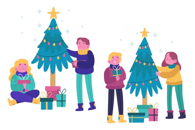 Gente feliz que adorna el árbol de navidad