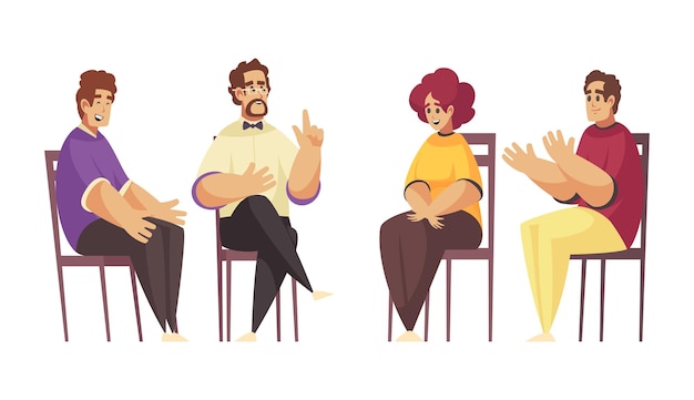 Vector gratuito gente feliz durante la sesión de terapia psicológica grupal con dibujos animados de psicólogo masculino ilustración vectorial aislada