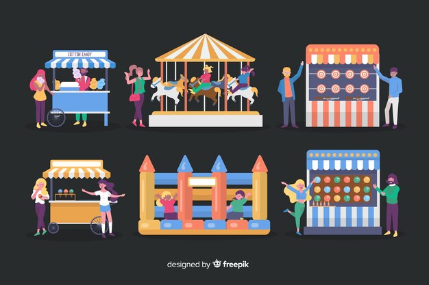 Gente en la feria de noche en diseño plano