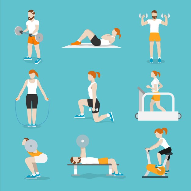 La gente de formación de bicicletas de ejercicio y cardio fitness cintas de correr con prensa de banco iconos colección plana ilustración vectorial aislados