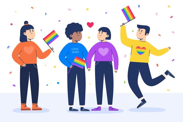 Gente gay con banderas y confeti