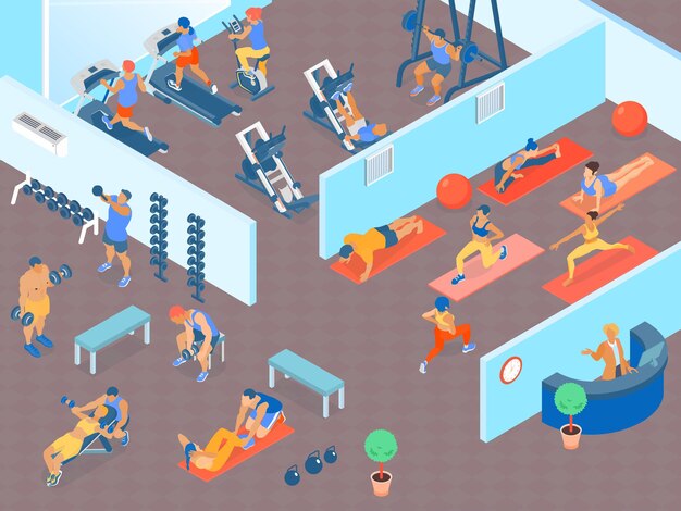 Gente en un gran gimnasio con áreas para ejercicios de pesas cardiovasculares y clases de fitness isométrica horizontal 3d