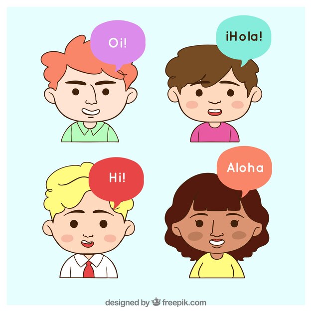 Gente hablando distintos idiomas dibujada a mano