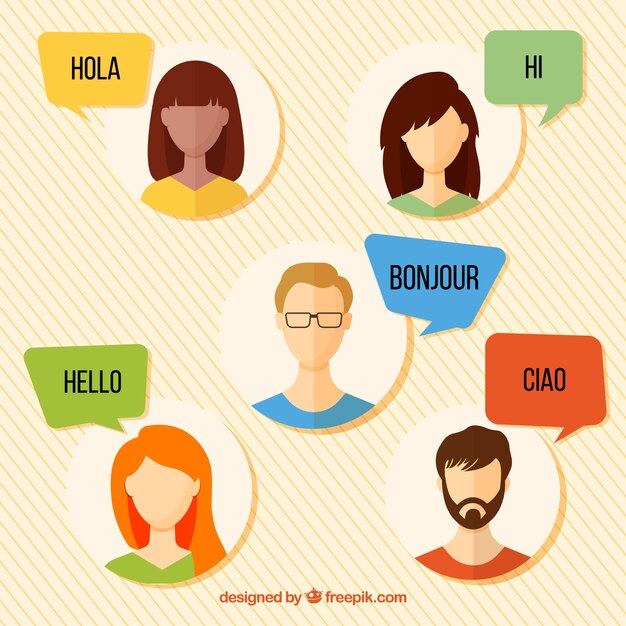 Gente hablando distintos idiomas con diseño plano