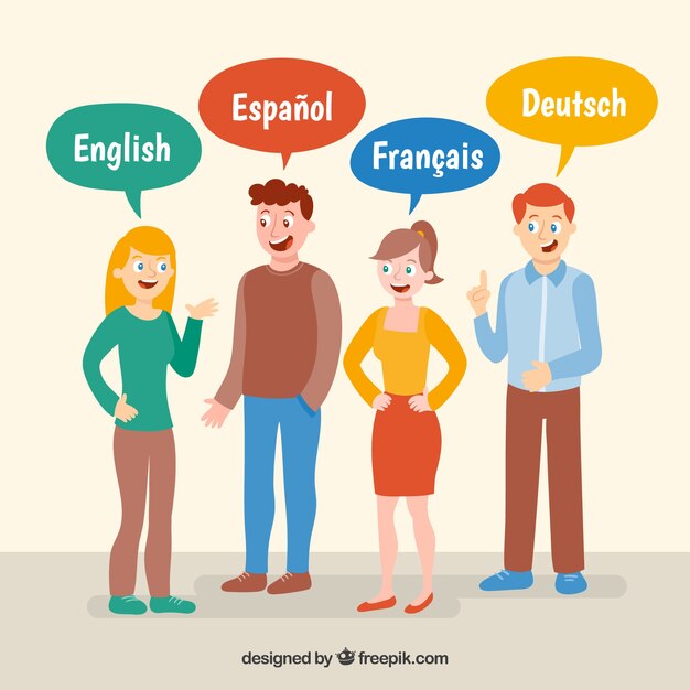Gente hablando distintos idiomas con diseño plano