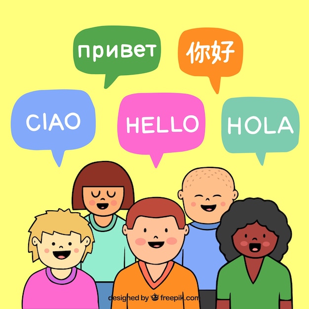 Gente hablando distintos idiomas con estilo de dibujo a mano