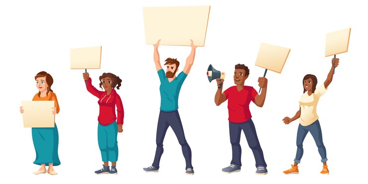 La gente hace huelga, hombres y mujeres enojados con pancartas protestan en la manifestación.