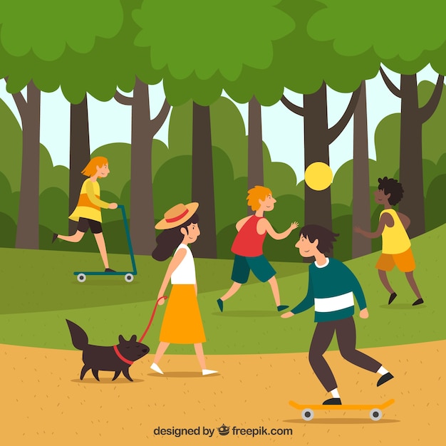 Gente haciendo actividades al aire libre con diseño plano
